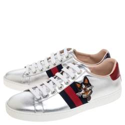 Gucci Silver Leather Ace Embroidered Web Low Top Sneakers Size 38