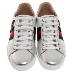 Gucci Silver Leather Ace Embroidered Web Low Top Sneakers Size 38