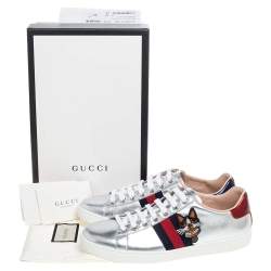 Gucci Silver Leather Ace Embroidered Web Low Top Sneakers Size 38
