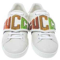 Gucci White Leather Sequin Embellished Ace Web Detail Low Top Sneakers Size 36.5
