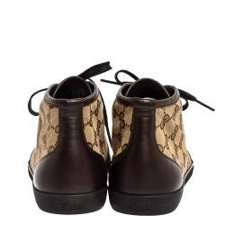 Pre Owned Gucci Brown/Beige GG Canvas and Leather Lace Up High Top Sneakers Size 36