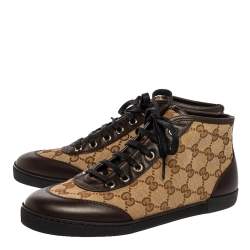 Pre Owned Gucci Brown/Beige GG Canvas and Leather Lace Up High Top Sneakers Size 36