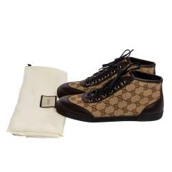 Pre Owned Gucci Brown/Beige GG Canvas and Leather Lace Up High Top Sneakers Size 36