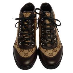 Pre Owned Gucci Brown/Beige GG Canvas and Leather Lace Up High Top Sneakers Size 36