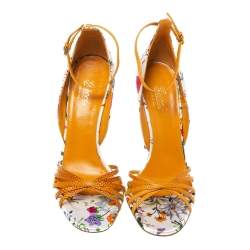 مملوكة مسبقًا صندل غوتشي كعب روكي بامبو جلد سحلية و ساتان مطبوع مورد متعدد الألوان مقاس 37.5