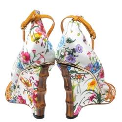 مملوكة مسبقًا صندل غوتشي كعب روكي بامبو جلد سحلية و ساتان مطبوع مورد متعدد الألوان مقاس 37.5