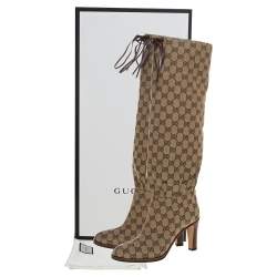 Pre Owned Gucci Beige GG Canvas Lisa Knee Length Boots Size 38