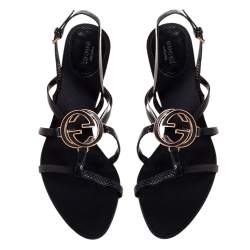 Pre Owned Gucci Black Suede Interlocking GG Ankle Strap Sandals Size 40.5