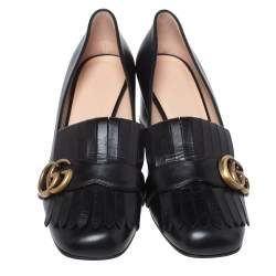 Gucci Black Leather GG Marmont Fringe Block Heel Pumps Size 38