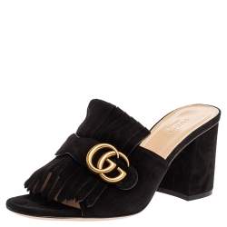 مملوكة مسبقًا Gucci Black Suede GG Marmont Fringed Slide Sandals Size 39