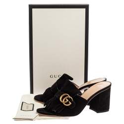 مملوكة مسبقًا Gucci Black Suede GG Marmont Fringed Slide Sandals Size 39