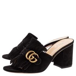 مملوكة مسبقًا Gucci Black Suede GG Marmont Fringed Slide Sandals Size 39
