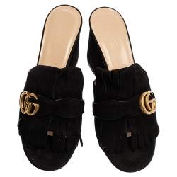 مملوكة مسبقًا Gucci Black Suede GG Marmont Fringed Slide Sandals Size 39