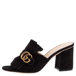 مملوكة مسبقًا Gucci Black Suede GG Marmont Fringed Slide Sandals Size 39