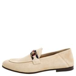 Pre Owned Gucci Beige Suede Web Horsebit Slip On Loafers Size 42