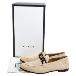 Pre Owned Gucci Beige Suede Web Horsebit Slip On Loafers Size 42