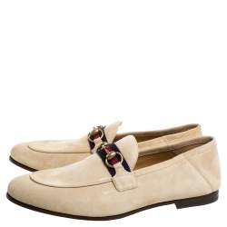 Pre Owned Gucci Beige Suede Web Horsebit Slip On Loafers Size 42
