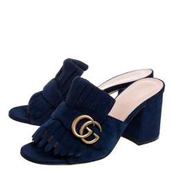 Pre Owned حذاء مولز غوتشي كعب عريض شراشيب مارمونت جي جي جلد سويدي أزرق  مقاس 36