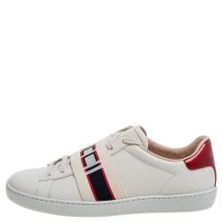 مملوكة مسبقًا Gucci White/Red Leather Ace Gucci Band Low Top Sneakers Size 37