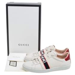 مملوكة مسبقًا Gucci White/Red Leather Ace Gucci Band Low Top Sneakers Size 37