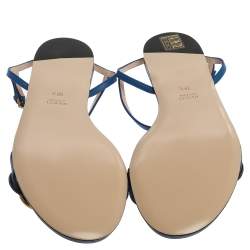 مملوكة مسبقًا Gucci Blue Leather GG Marmont Ankle Strap Slide Flats Size 36.5