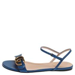 مملوكة مسبقًا Gucci Blue Leather GG Marmont Ankle Strap Slide Flats Size 36.5