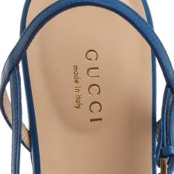 مملوكة مسبقًا Gucci Blue Leather GG Marmont Ankle Strap Slide Flats Size 36.5