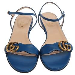مملوكة مسبقًا Gucci Blue Leather GG Marmont Ankle Strap Slide Flats Size 36.5