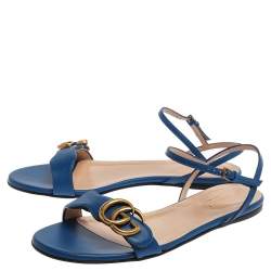 مملوكة مسبقًا Gucci Blue Leather GG Marmont Ankle Strap Slide Flats Size 36.5