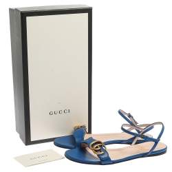 مملوكة مسبقًا Gucci Blue Leather GG Marmont Ankle Strap Slide Flats Size 36.5