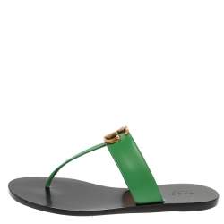 Pre Owned Gucci Green Leather GG Marmont Thong Flats Size 37
