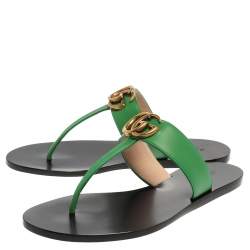 Pre Owned Gucci Green Leather GG Marmont Thong Flats Size 37
