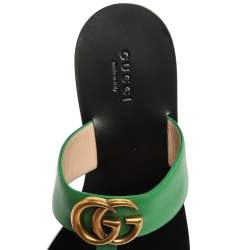 Pre Owned Gucci Green Leather GG Marmont Thong Flats Size 37