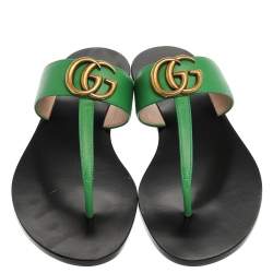 Pre Owned Gucci Green Leather GG Marmont Thong Flats Size 37