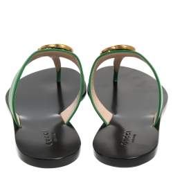 Pre Owned Gucci Green Leather GG Marmont Thong Flats Size 37