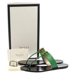 Pre Owned Gucci Green Leather GG Marmont Thong Flats Size 37