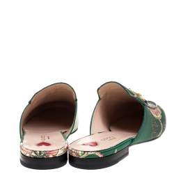 Pre Owned Gucci Green Printed Satin Princetown Mules Size 41