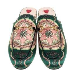 Pre Owned Gucci Green Printed Satin Princetown Mules Size 41