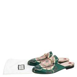 Pre Owned Gucci Green Printed Satin Princetown Mules Size 41