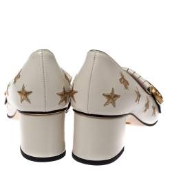مملوكة مسبقًا Gucci White Leather GG Star Marmont Fringe Pumps Size 38