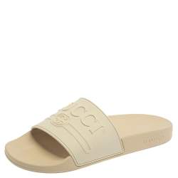 Pre Owned حذاء سلايد غوتشى بول زخرفة شعار بيرسويت مطاط بيج فاتح مقاس 38