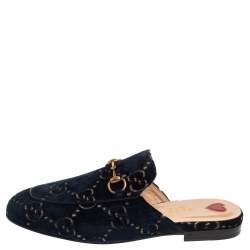 Pre Owned Gucci Blue/Gold GG Velvet Princetown Horsebit Flat Mules Size 37