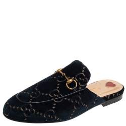 Pre Owned Gucci Blue/Gold GG Velvet Princetown Horsebit Flat Mules Size 37