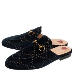 Pre Owned Gucci Blue/Gold GG Velvet Princetown Horsebit Flat Mules Size 37