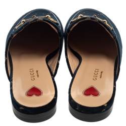 Pre Owned Gucci Blue/Gold GG Velvet Princetown Horsebit Flat Mules Size 37