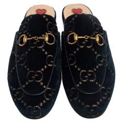 Pre Owned Gucci Blue/Gold GG Velvet Princetown Horsebit Flat Mules Size 37