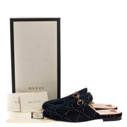 Pre Owned Gucci Blue/Gold GG Velvet Princetown Horsebit Flat Mules Size 37