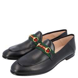 Pre Owned Gucci Black Leather Web Horsebit Loafers Size EU 36