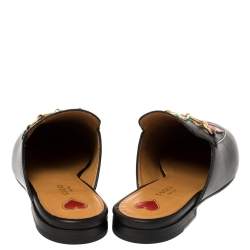 مملوكة مسبقًا Gucci Black Floral Embroidered Leather Horsebit Princetown Flat Mules Size 38
