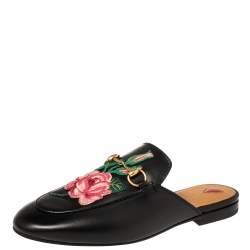 مملوكة مسبقًا Gucci Black Floral Embroidered Leather Horsebit Princetown Flat Mules Size 38